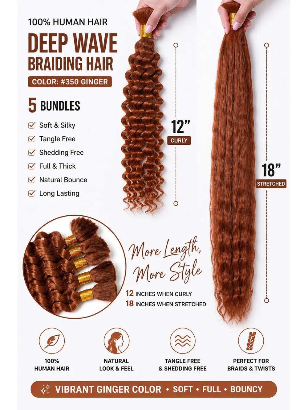 Deep Wave Braiding Hair 100% Human Hair 5 Bundles - Color #350 Ginger, 12 Inches